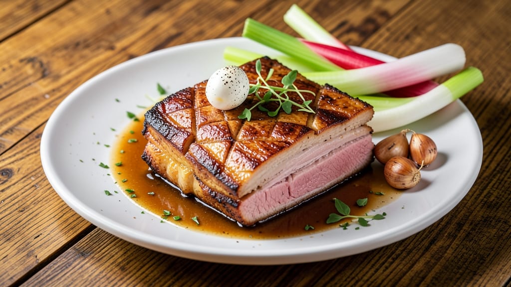 American Pork Belly Recipe: Crispy Celery Crowns Over Smoky Garlic Gravy