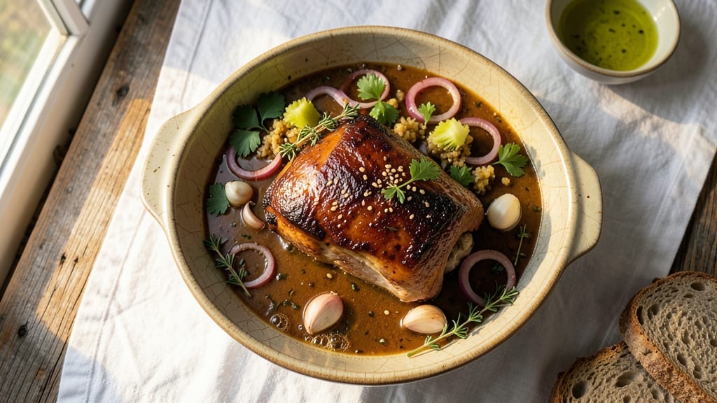 Mississippi Slow Cooker Pork Roast Recipe: Celery Crown Crunch Over Creamy Onion Gravy