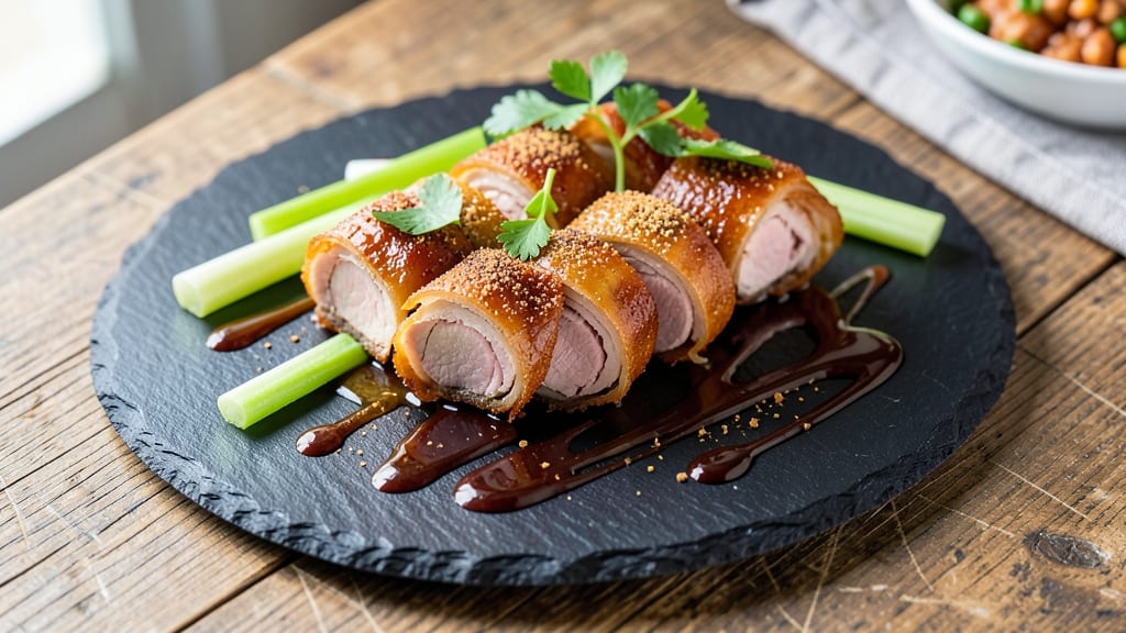 Asian Pork Roll Recipe: Crispy Celery Crowns Over Smoky Five-Spice Gravy