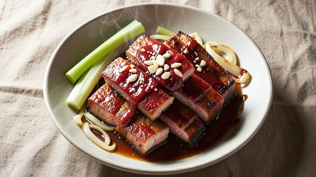 Ah So Sauce Boneless Pork Ribs Recipe: Crispy Celery Crowns Over Smoky Sweet Glaze