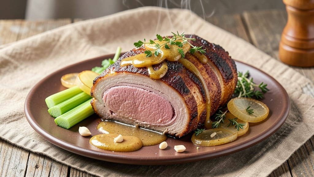 Air Fryer Rotisserie Pork Roast Recipe: Celery Crown Crunch Over Smoky Garlic Gravy