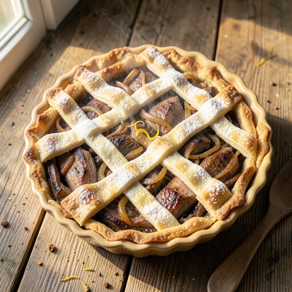 Beef and Pork Meat Pie Recipe: Flaky Pastry Crust Over Savory Filling