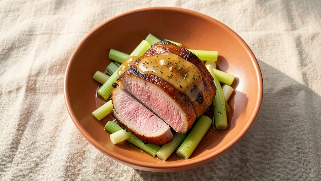 America's Test Kitchen Pork Loin Recipe: Celery Crown Crunch Over Herb-Infused Gravy